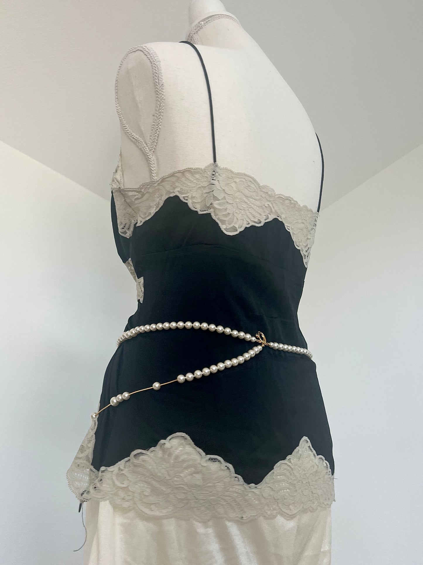 Elegant Silk Black and Cream Strappy Tank Top (L)