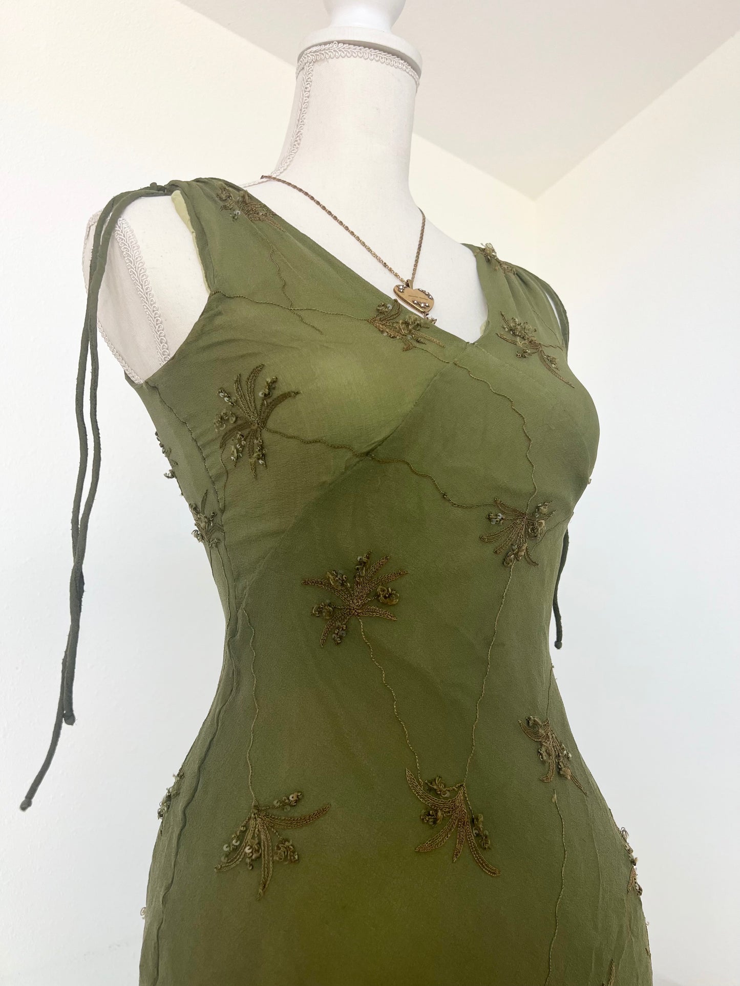 90's Designer Silk Forest Green Midi Dress (XS-S)