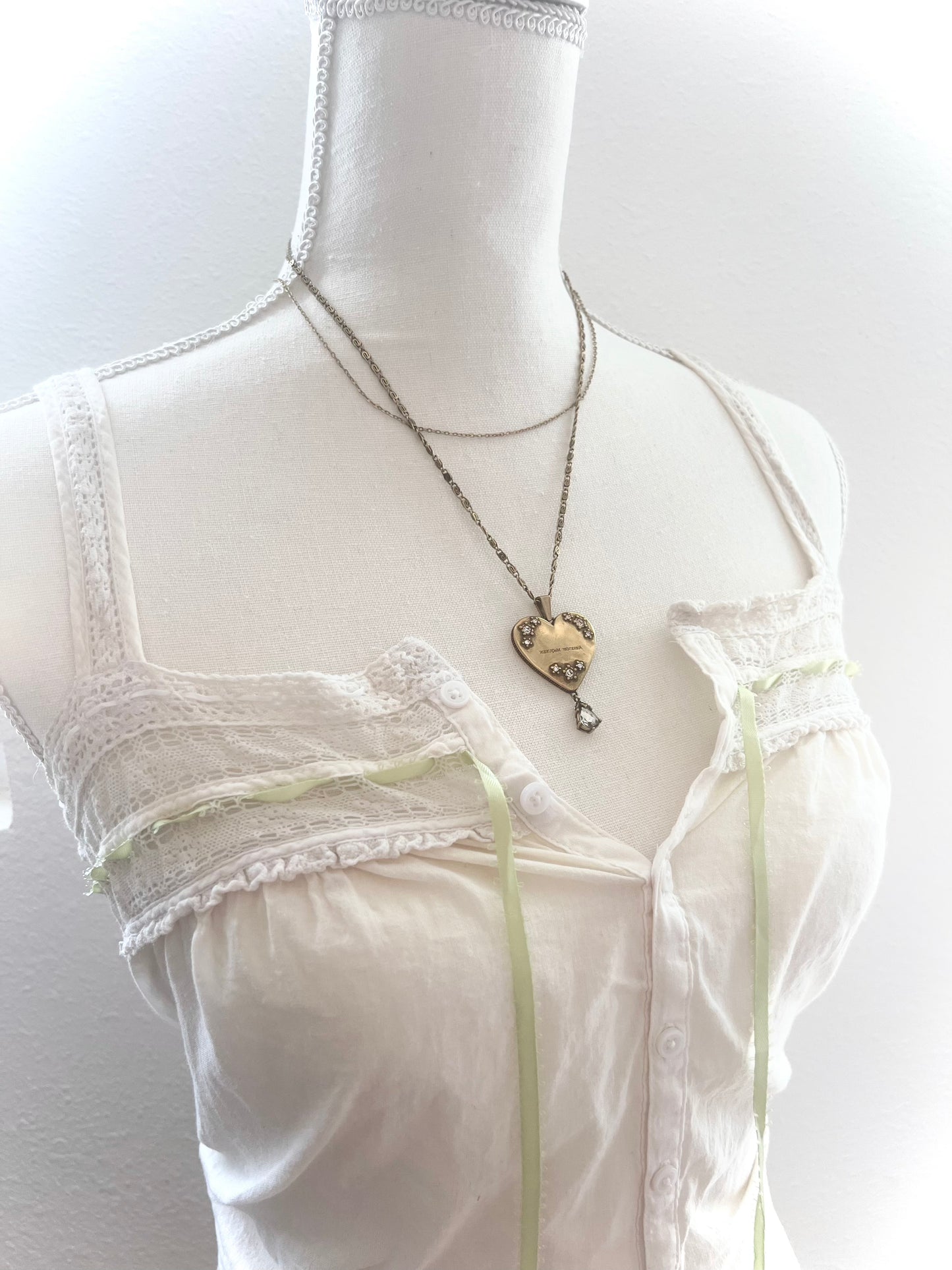 Antique Corset Cover Blouse in Cream and Leaf Green (Size (S-M)