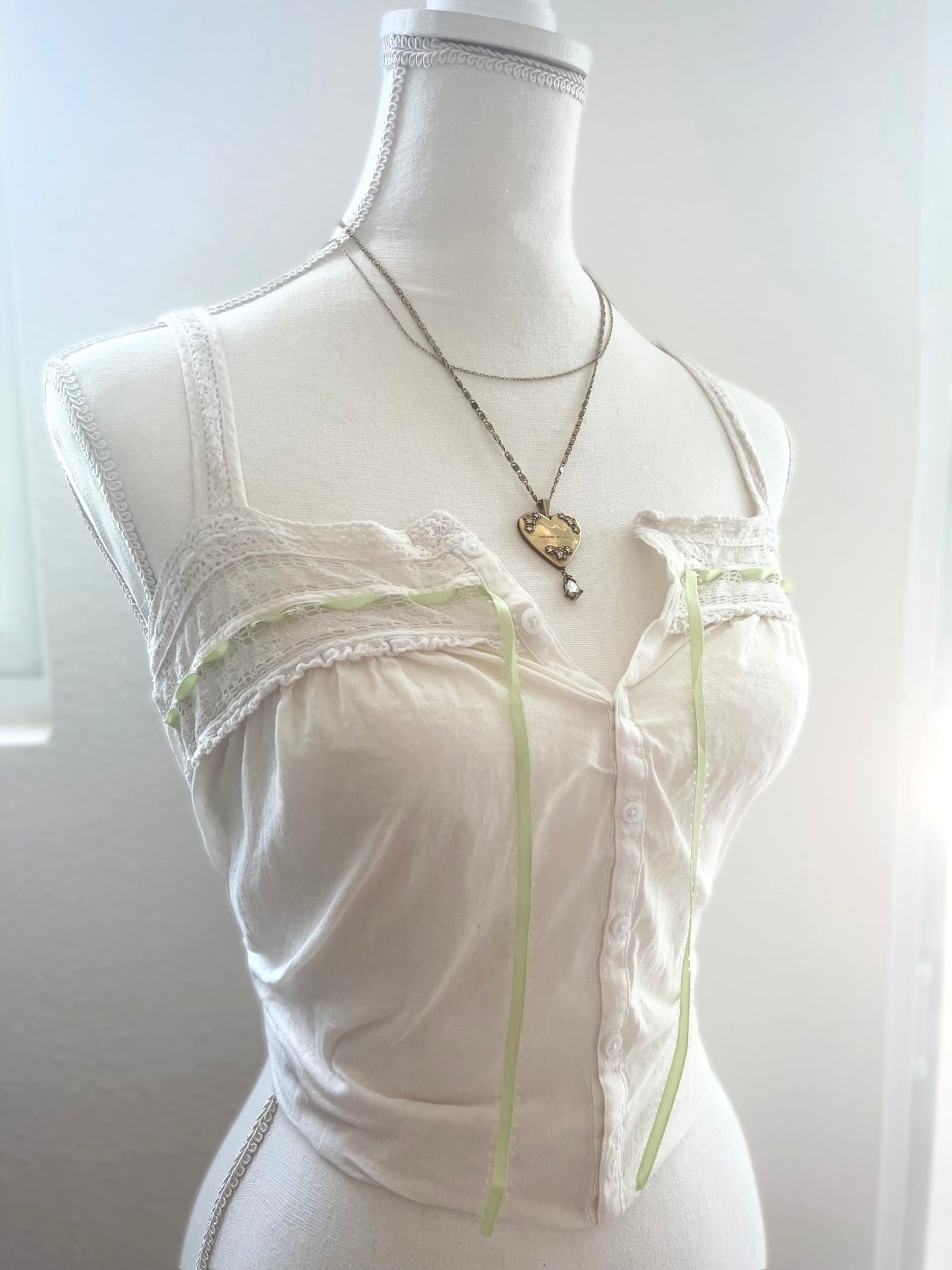 Antique Corset Cover Blouse in Cream and Leaf Green (Size (S-M)