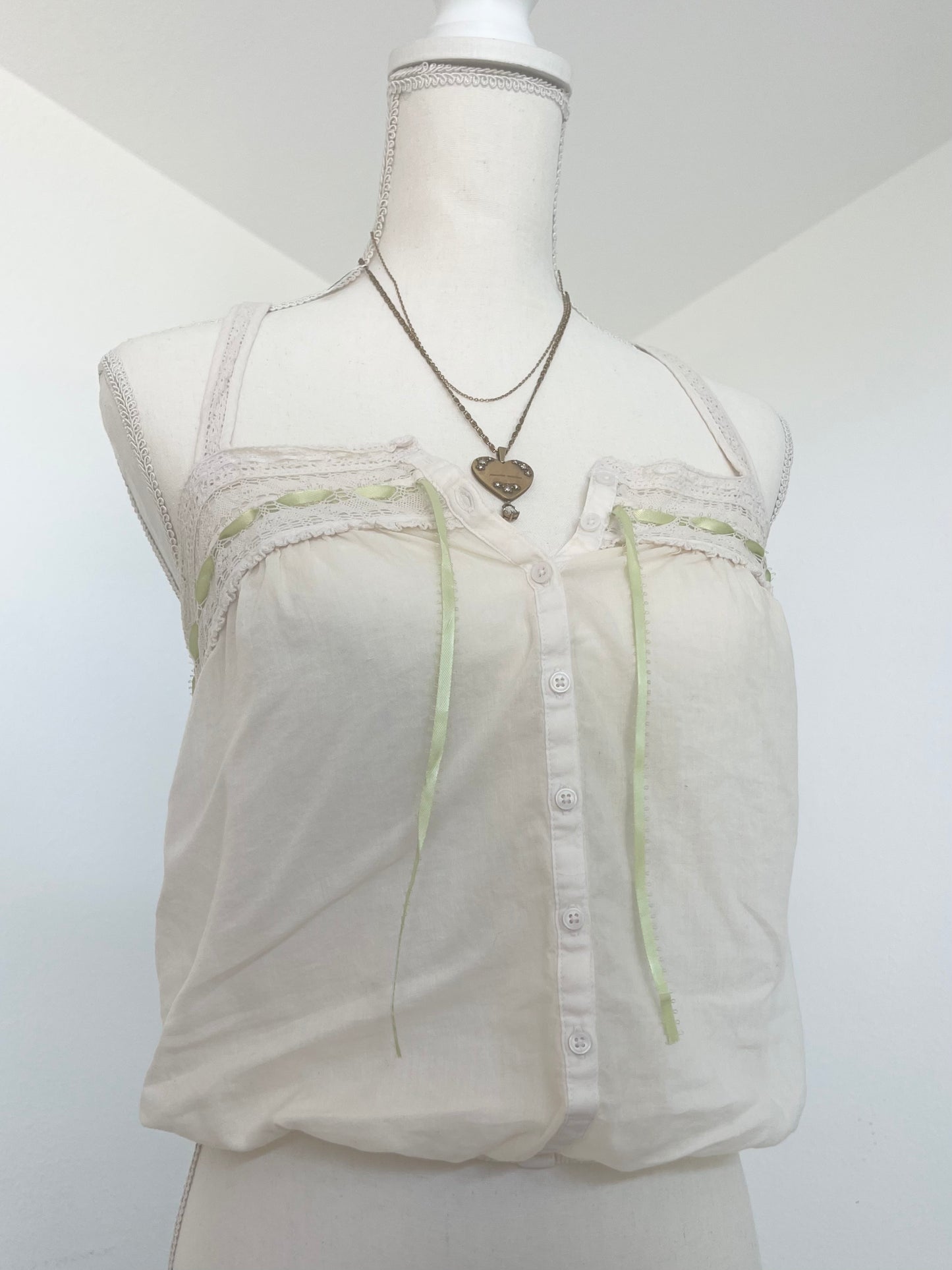 Antique Corset Cover Blouse in Cream and Leaf Green (Size (S-M)