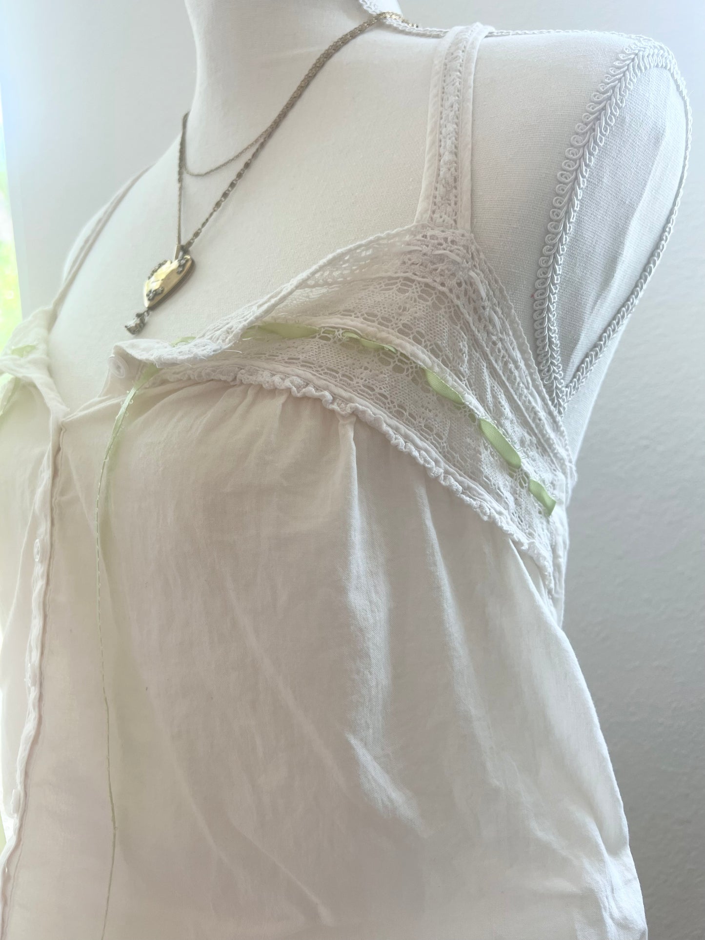 Antique Corset Cover Blouse in Cream and Leaf Green (Size (S-M)