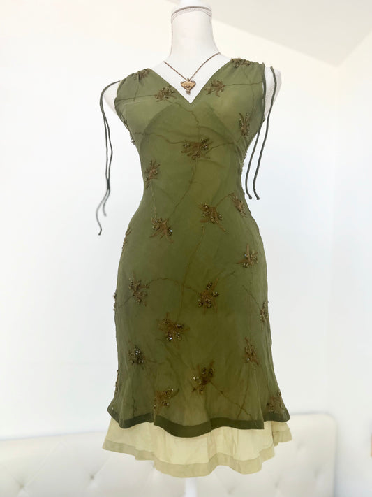 90's Designer Silk Forest Green Midi Dress (XS-S)