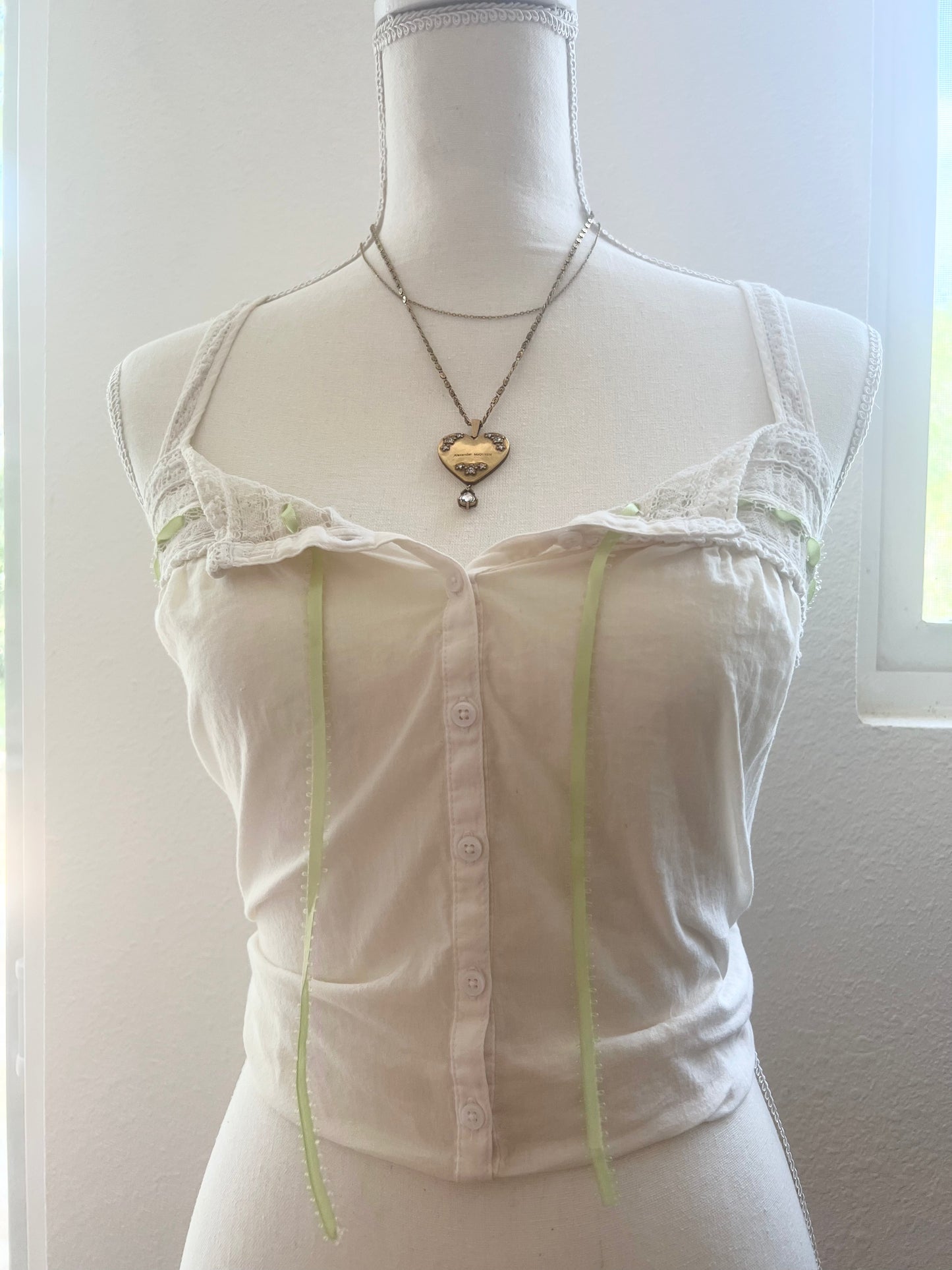 Antique Corset Cover Blouse in Cream and Leaf Green (Size (S-M)